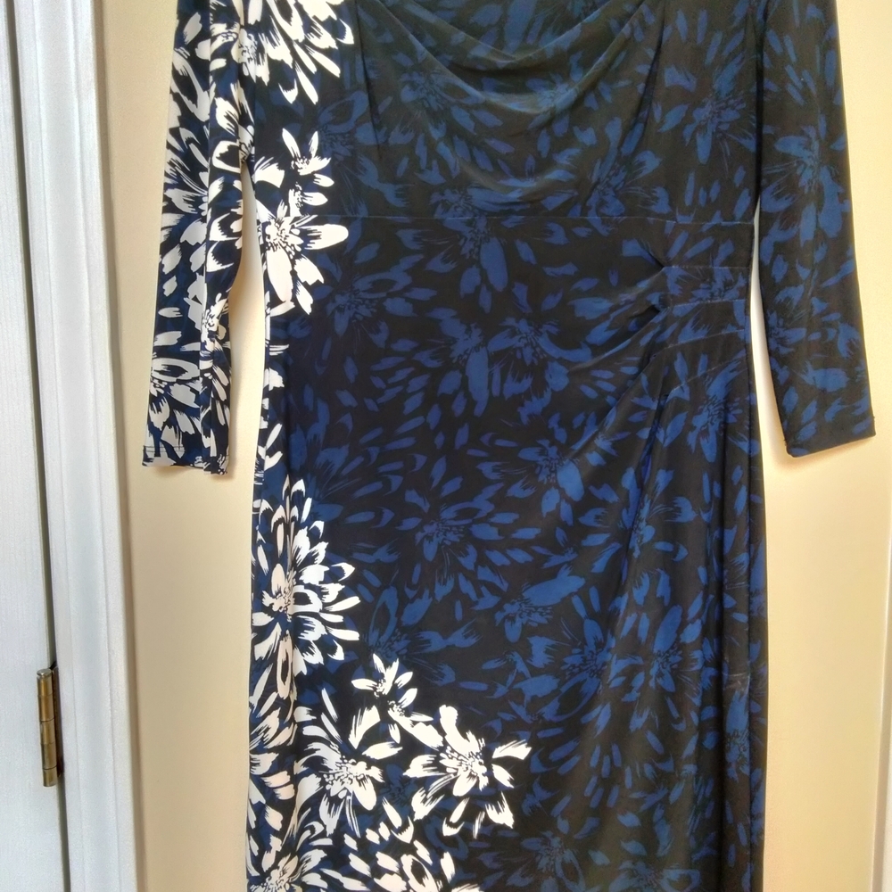 Anne Klein Navy and White Floral Long Sleeve Dress